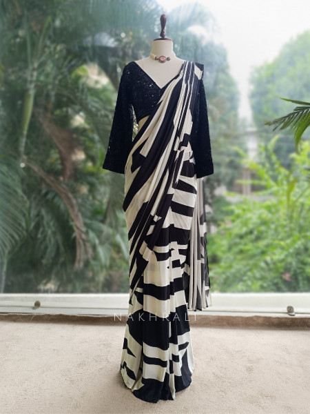 Fashion Frame Black and White Drape Saree with Sequin Embroidered Blouse