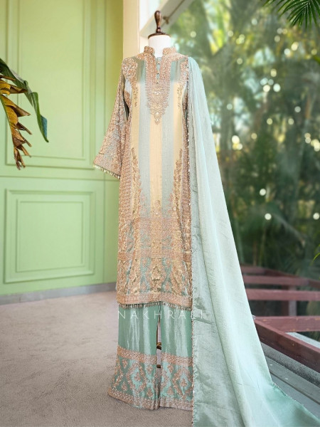 Zariya Sea Green Suit Set with Cut Dana and Zari Work