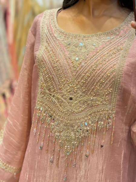 Livia Pink Indo Western Suit Set with Embroidered Neck Detail