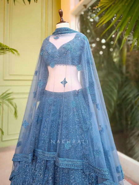 Aureva Blue Net Lehenga Set with Intricate Sequin Embroidery