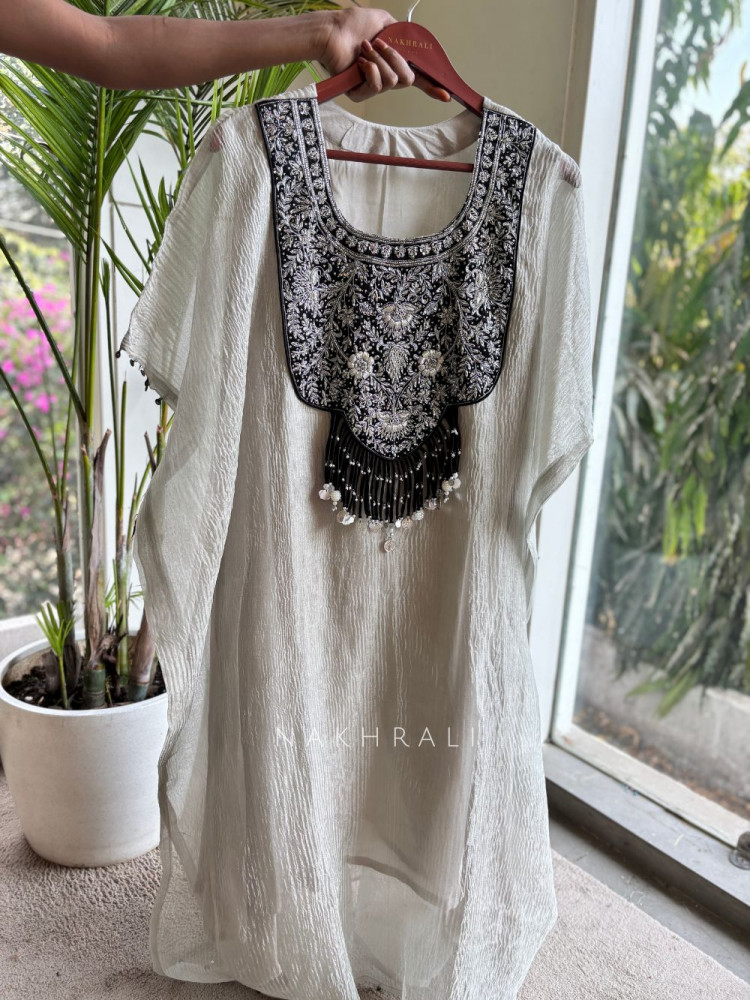 Image of Nazneen Kaftan Suit Set with Embroidered Yoke and Tassels