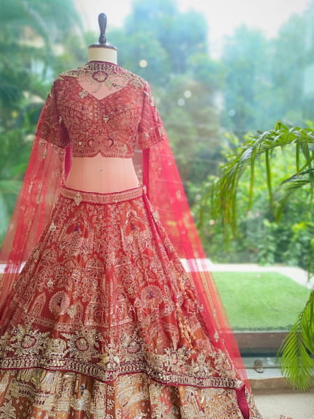 Bhavika Antique Brown Raw Silk Tissue Bridal Lehenga