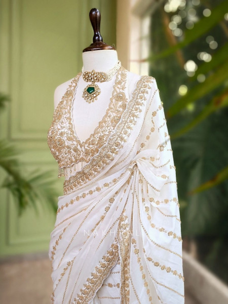 Serenya Ivory Tissue Organza Saree with Sequin & Cut Dana Work