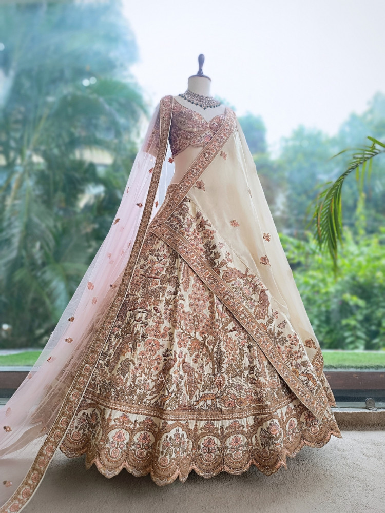 Image of Darbar Antique Cream Dupion Silk Bridal Lehenga