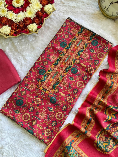 Heritage Maroon Woolen Printed Dress Material