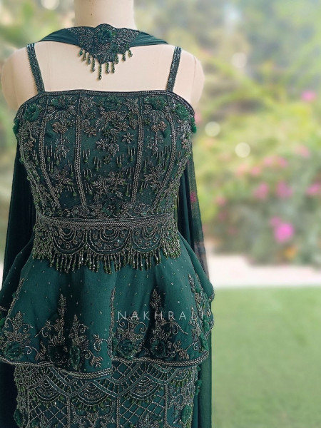 Viridian Green Indo-Western Mermaid Lehenga Set with Cutdana & Bead Work