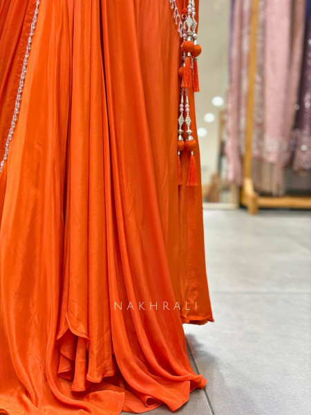 Aarini Orange Embroidered Drape Skirt Set