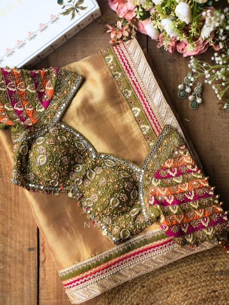 Kairi Mehendi Green Saree with Zari And Mirror Work
