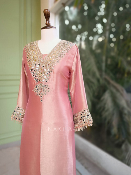 Aks Pink Tissue Suit Set with Mirror Zari Work