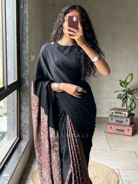 Kairav Brown Black Modal Block Print  Saree