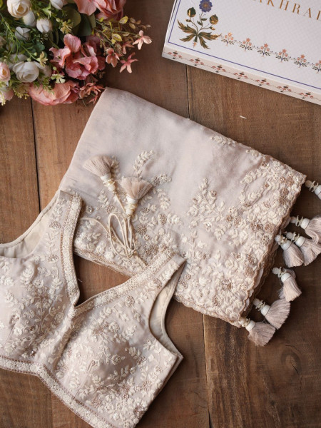 Velmira Beige Embroidered Saree with Heavy Thread Work and Readymade Blouse