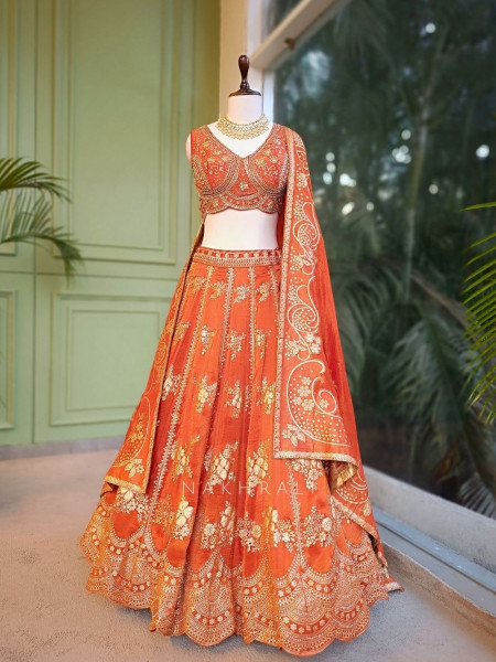 Kesarika Orange Zari Lehenga with Sequin Floral Work