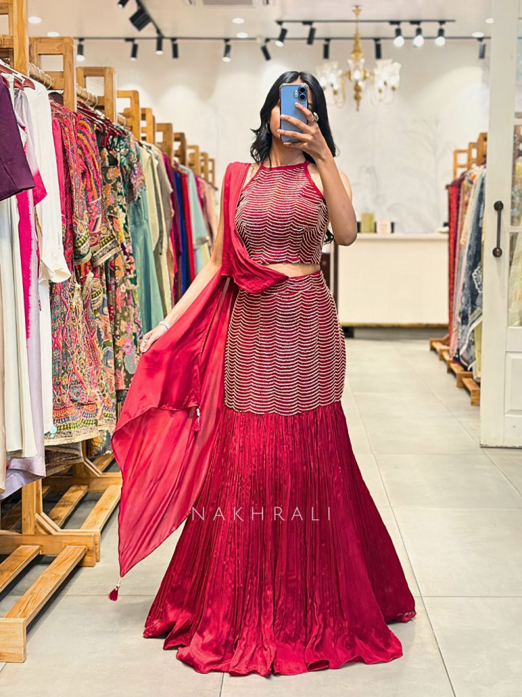 Image of Rihana Maroon Mermaid Indo Western Lehenga with Bead Work