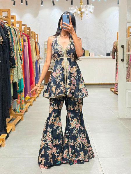 Wamika Black Floral Flared Suit Set with Zari Work