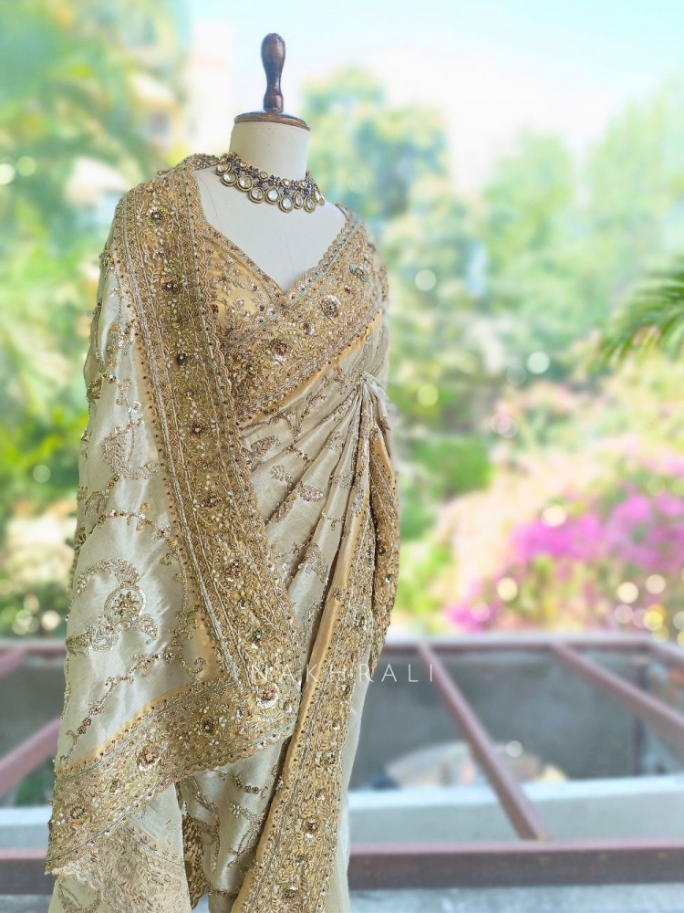 Image of Kashvi Off White Saree with Readymade Blouse and Pearl Stone Work
