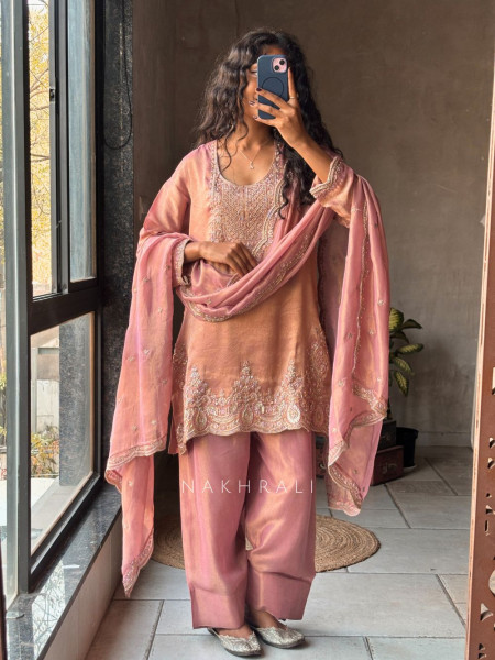 Ahana Pink Suit Set with Cut Dana and Zari Work