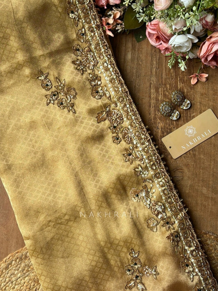 Gilded Ivy Golden Saree with Readymade Blouse  With Zardozi, Sequin & Moti Work