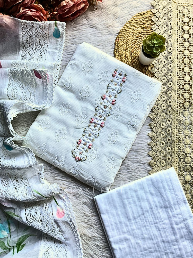 Image of Elira Pink Cotton Dress Material with Handworked Neckline