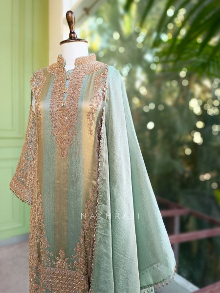 Zariya Sea Green Suit Set with Cut Dana and Zari Work