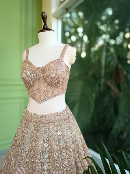 Celestique Beige Embroidered Jacket Lehenga