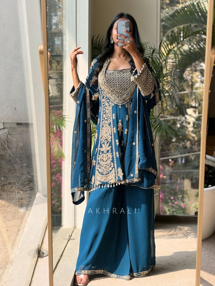 Image of Zyara Blue Suit Set with Cut Dana and Zari Work