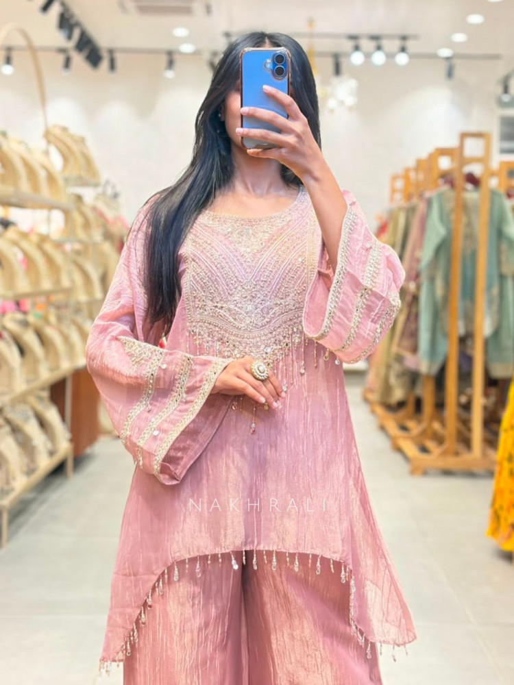 Image of Livia Pink Indo Western Suit Set with Embroidered Neck Detail