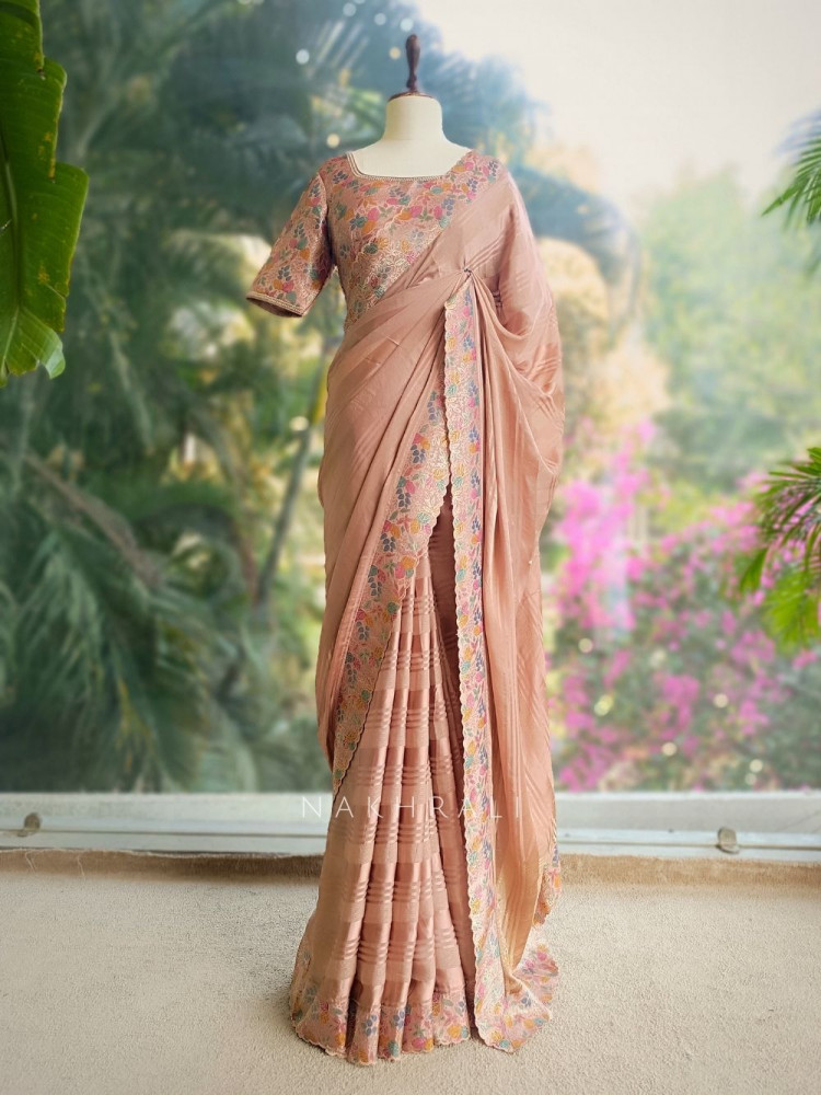 Image of Saraya Caramel Pink Woven Border Saree with Patterned Blouse
