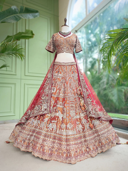Bhavika Antique Brown Raw Silk Tissue Bridal Lehenga