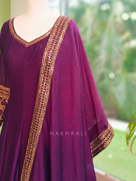 Yashvika Wine Raw Silk  Anarkali Suit Set