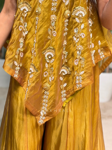 Sun-Drenched Mehndi Green  Crushed Metallic Tissue Silk Indo-Western Palazzo Set