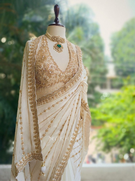 Serenya Ivory Tissue Organza Saree with Sequin & Cut Dana Work