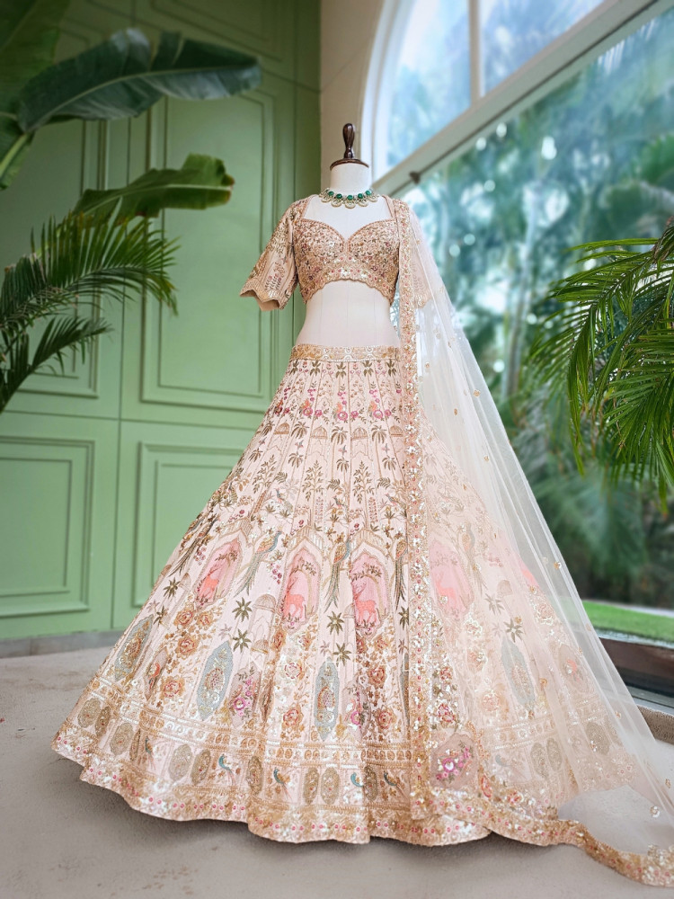 Image of Mrinalika Beige Silk Georgette Lehenga Set With Pichwai Heritage Embroidery