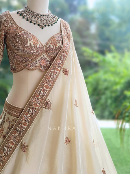 Darbar Antique Cream Dupion Silk Bridal Lehenga