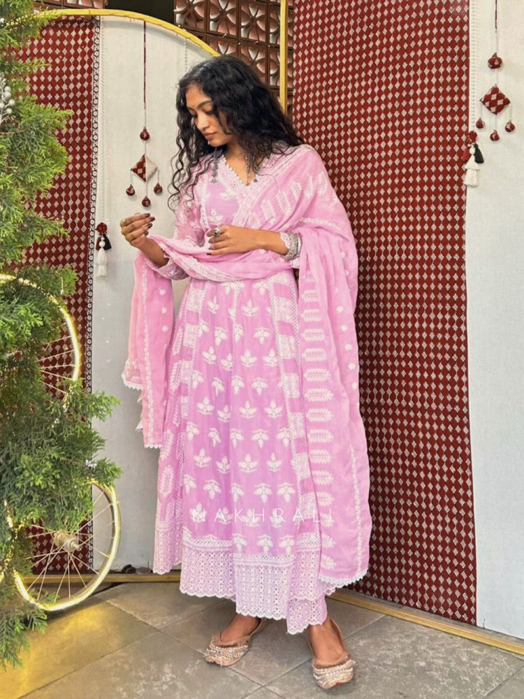 Image of Evara Pink Lucknowi Anarkali Kurta Suit Set