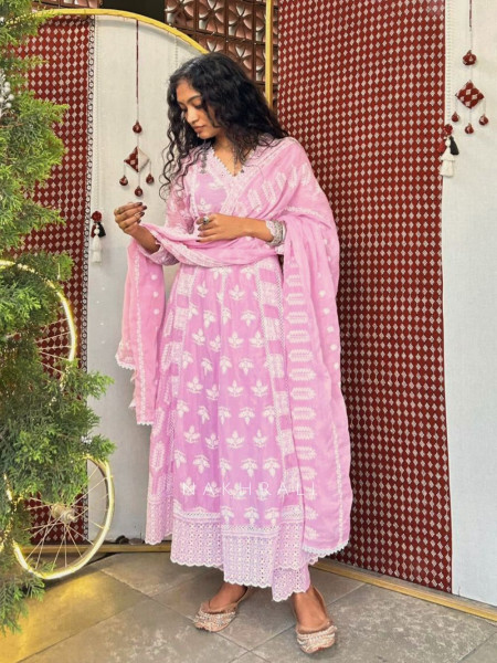 Evara Pink Lucknowi Anarkali Kurta Suit Set