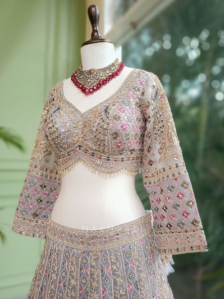 Zarisha Grey Lehenga Set with Detailed Zari Work