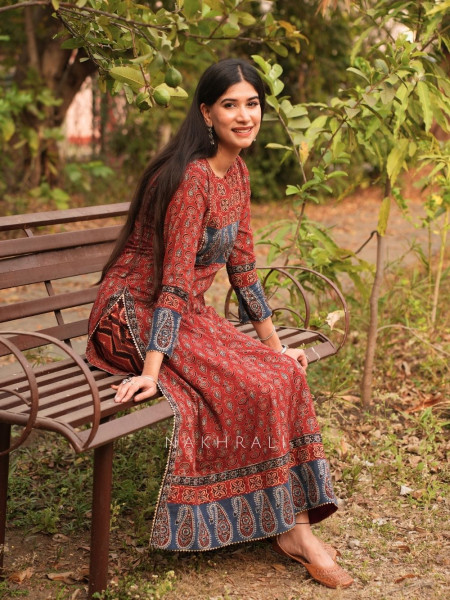 Feroz Maroon Cotton Flared Kurta Pant Set