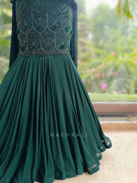 Viridian Green Indo-Western Mermaid Lehenga Set with Cutdana & Bead Work