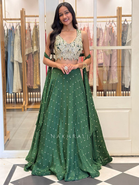 Rovelia Green Indo-Western Lehenga with Sequin and Thread Work