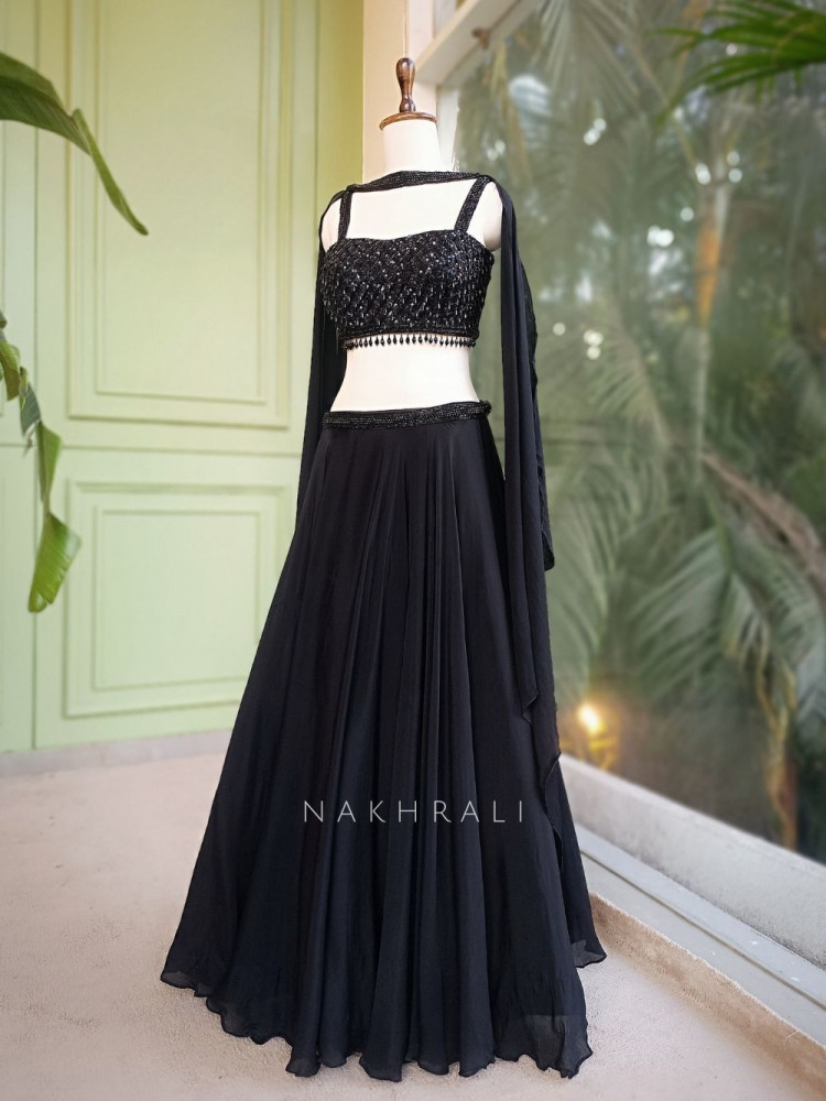 Image of Kaira Black Indo-Western Lehenga Set with Cut Dana &amp; Sequin Work