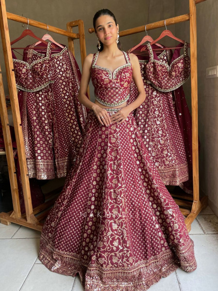 Gul-o-Zari Maroon Corset Lehenga