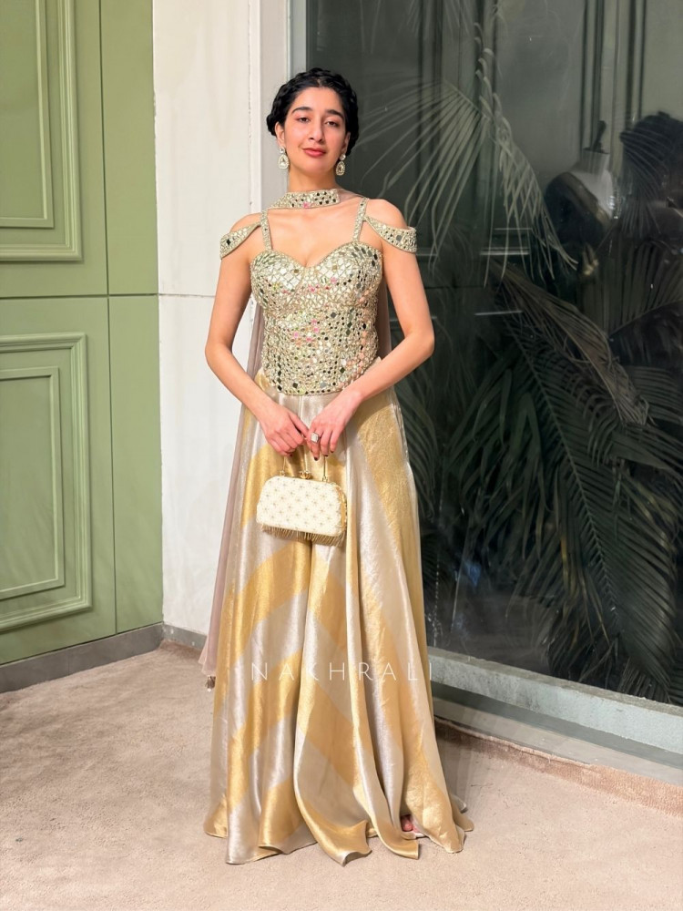 Image of Zareen Golden Corset Palazzo Set with Choker Dupatta