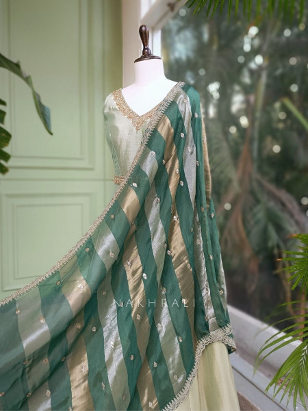 Virelle Green Silk Anarkali Suit Set with Zari and Sequin Work