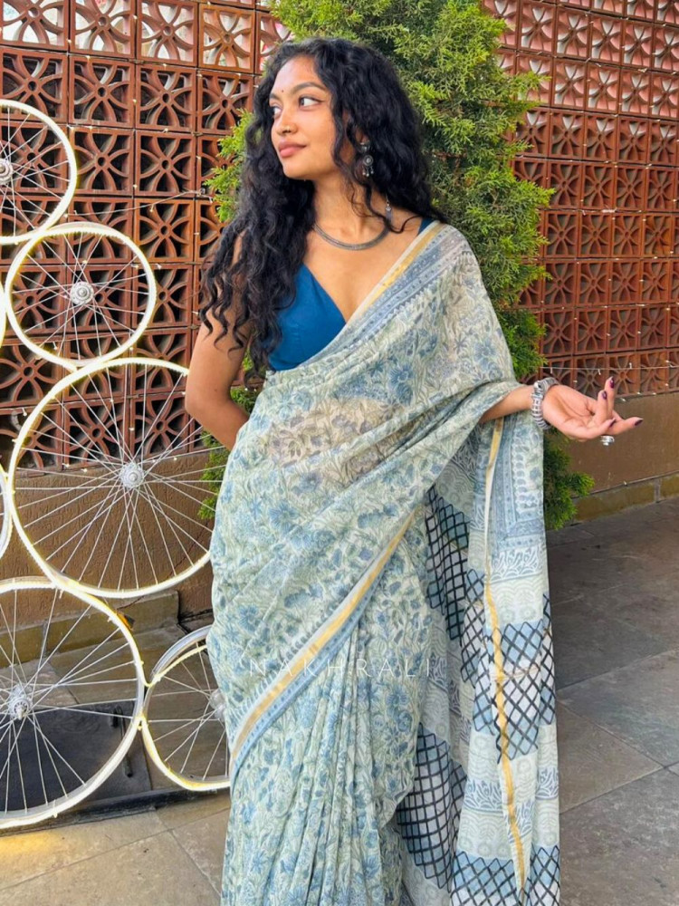 Image of Florence Blue Floral Printed Saree