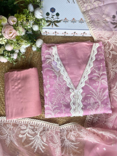 Flora Vine Pink Embroidered Dress Material Set