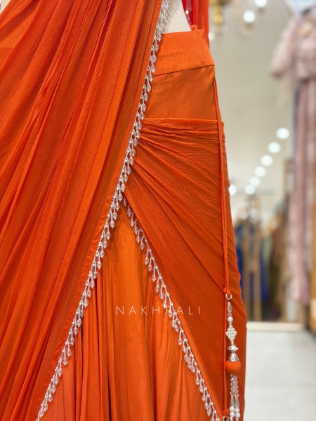 Aarini Orange Embroidered Drape Skirt Set