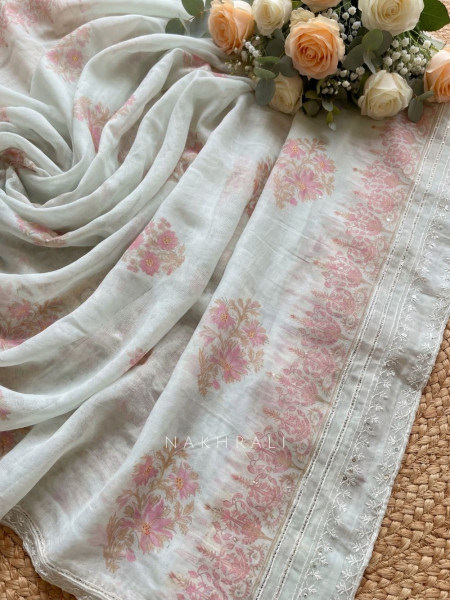 Clarivelle Firozi Floral Printed Dress Material with Thread Embroidery
