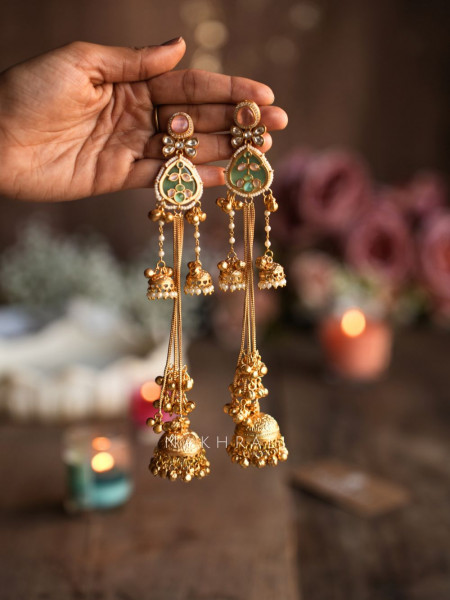 Chandrika Sea green Kashmiri Long Jhumka Earrings