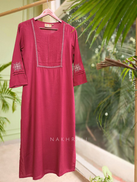 Naira Maroon Cotton Kurta with Pleated Neck and Embroidery
