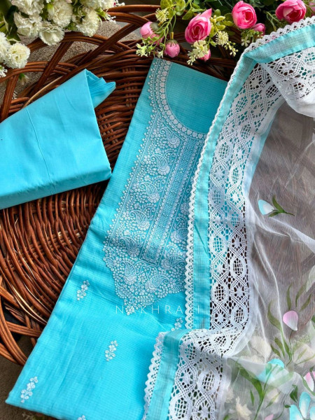 Urvashi Blue Floral Dress Material Set